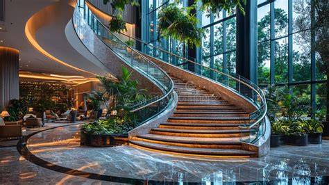 Luxurious hotel lobby with lush greenery and spiral staircase
