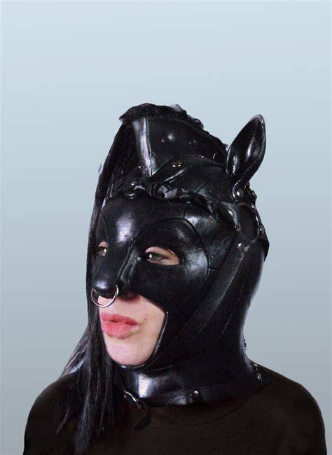 black latex horse hood and full body suit display