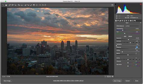 Camera Raw interface with filmstrip and sliders