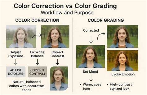 Visual workflow of cropping, exposure, and color grading