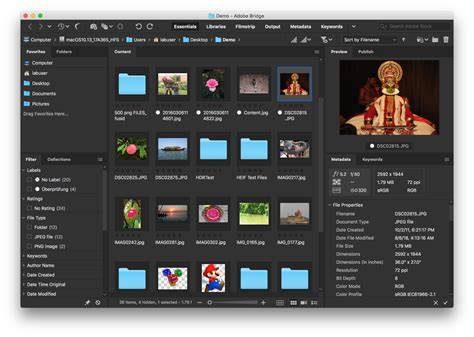 Organizational interface of Adobe Bridge with colored labels and ratings