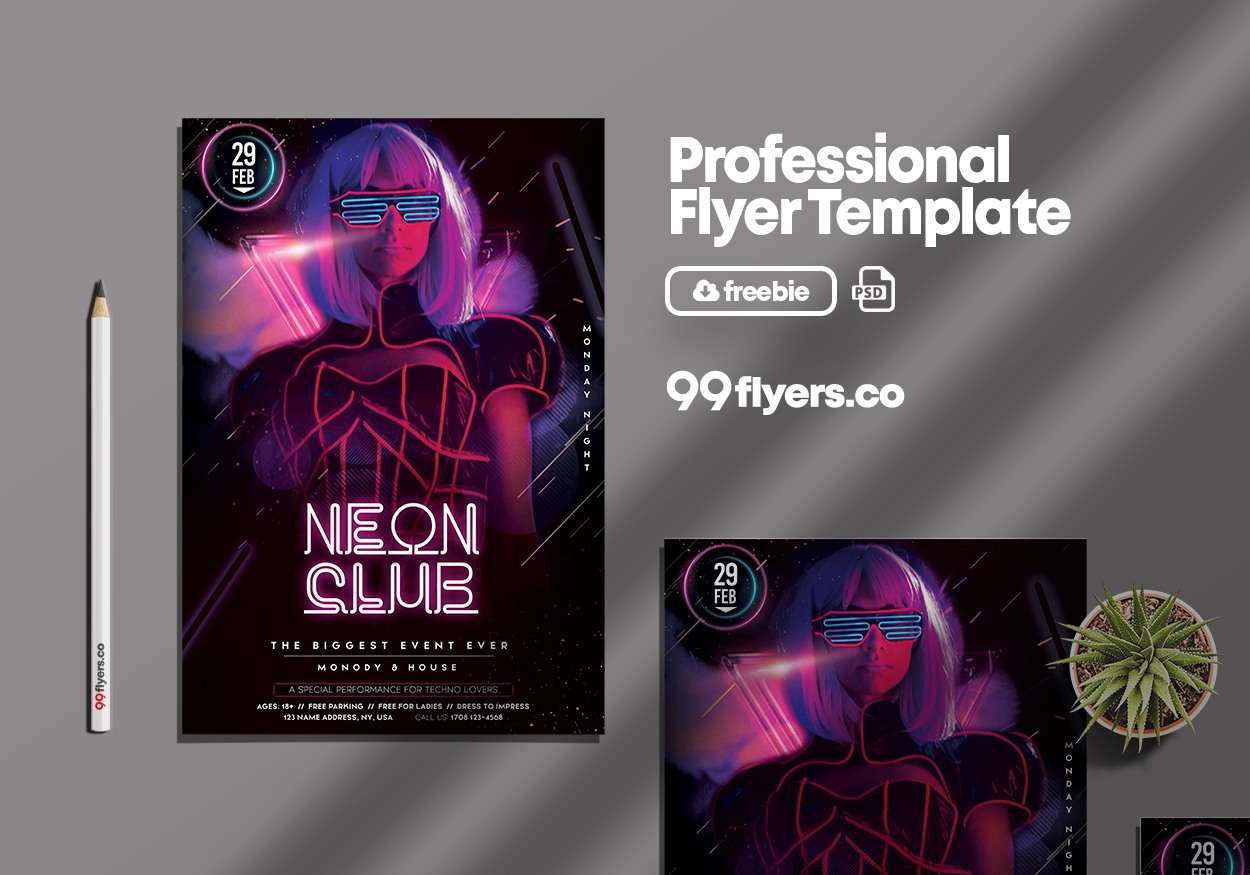 Neon Club Flyer - Free PSD Template